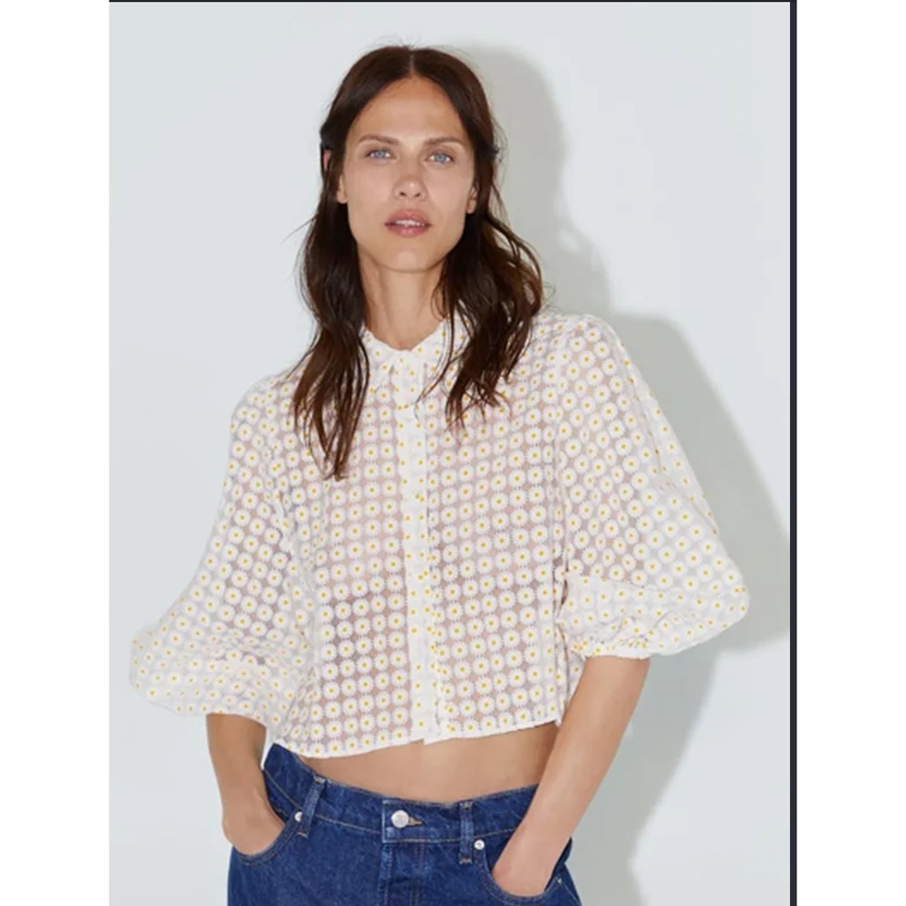 Zara Womens L Semi Sheer Organza Yellow White Daisy Embroidery Cropped Balloon